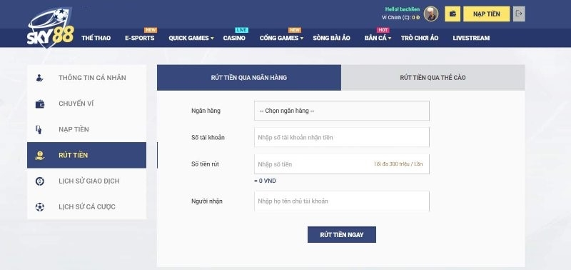 Hướng dẫn rút tiền SKY88 dễ dàng thông qua chuyển khoản ngân hàng